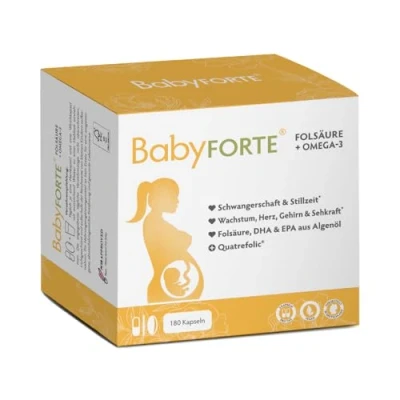 Obrázek BabyFORTE® Kyselina listová + omega 3 olej z řas veganský 180 kapslí 18 těhotenských vitamínů Quatrefolic®, hořčík, jód, DHA EPA těhotenství kojení