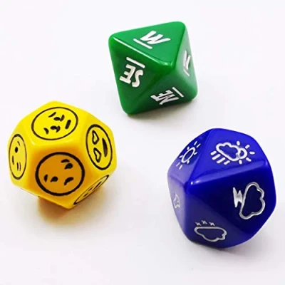 Obrázek Bescon&#039;s Emotion, Weather and Direction Dice Set, 3 Piece Proprietary Polyhedral RPG Set v modré, zelené, žluté