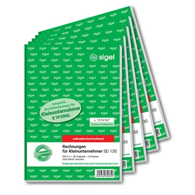 Obrázek SIGEL SD130/5 faktury pro malé podnikatele A5, 2 x 30 listů, bez průkazu DPH, propisující, 5 kusů, mikroperforované, se záložkovým otvorem, z udržitelného papíru
