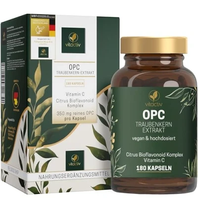Obrázek VITACTIV OPC extrakt z hroznových jader ve vysokých dávkách 180 kapslí s vitaminem C a citrusovým bioflavonoidním komplexem 350 mg čistého v jedné kapsli 100% vegan