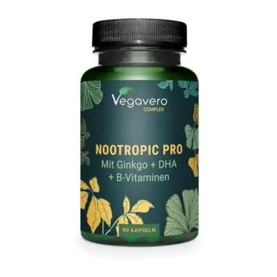Obrázek NOOTROPIC PRO Brahmi, ženšen, ginkgo, DHA veganské + vitamíny B posilovač mozku bez kofeinu Duševní výkonnost &amp; energie* přísad Německá výroba Vegavero® 90 kapslí
