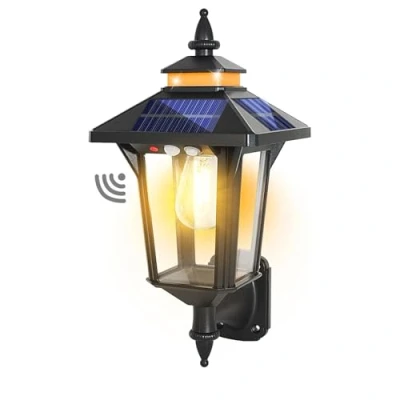Obrázek COLBOR solární lampa pro venkovní použití, vintage nástěnné světlo s detektorem pohybu a 4stranný panel 3 režimy IP65 vodotěsné zahradu, plot garáž, detektor