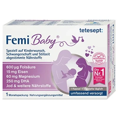Obrázek tetesept Femi Baby 16 živin pro dětské přání, těhotenství a kojení s kyselinou listovou, železem, jódem + DHA 1 x měsíční balení à 30 tablet kapslí