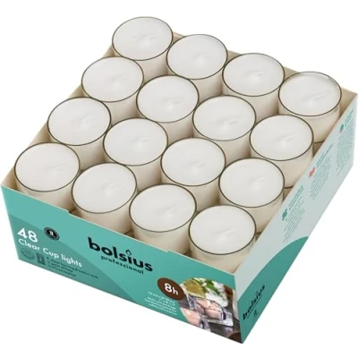 Obrázek bolsius Originální čajové svíčky v sadě Clear Holder Cups Bulk 48. Long Burning 8hr, Unscented, for Mood, večeře, Parities, Home, dekorace, Wedding, Crafts, bílá