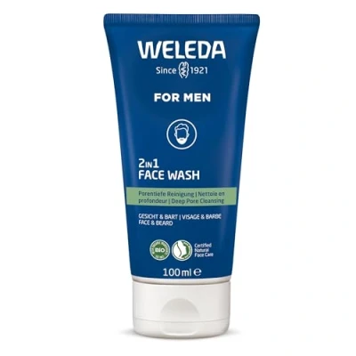 Obrázek WELEDA Bio FOR MEN 2v1 Face Wash osvěžující přírodní kosmetika pro muže čištění obličeje/péče o vousy mycí gel s vrbovou kůrou a kořenem lékořice. Pánský čisticí na obličej (veganský /