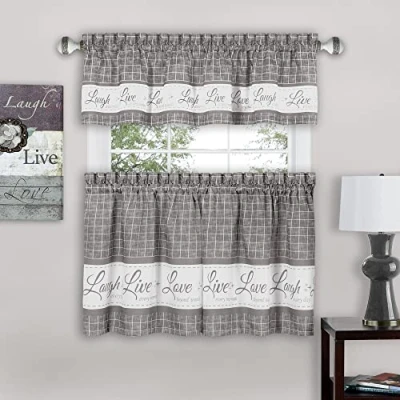 Obrázek Achim Home Furnishings Imports Live, Love, Laugh Window Curtain Tier Pair and Valance 58&quot; x 24&quot;, šedá