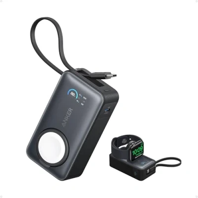 Obrázek Anker Powerbanka MagGo pro Apple Watch, oficiálně certifikovaná, kompaktní balení 10 000 mAh s integrovaným kabelem USB C, max. 35 W, iPhone 16, 15 série, iPad, AirPods a další
