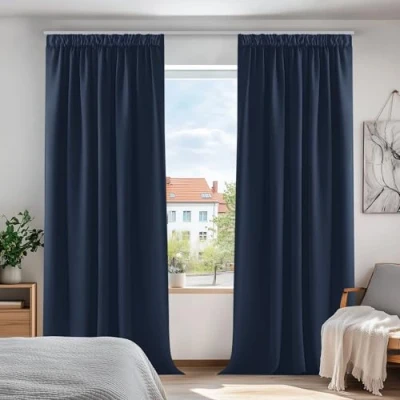Obrázek Deconovo zatemňovací závěsy s řasicí páskou termo závěs tepelná ochrana proti chladu, ochrana, 290 x 140 cm (výška šířka), tmavě modrá, sada 2 ks