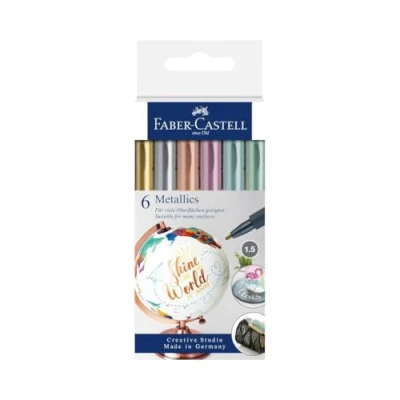 Obrázek FABER CASTELL 160706 Metallics Marker mit Faserspitze, 1,5 mm Strichstärke, für viele Oberflächen geeignet, Metalliceffekt in gold, silber, bronze, lila, blau und grün, 6er Set