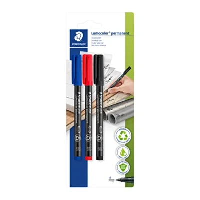 Obrázek STAEDTLER permanentní univerzální tužka Lumocolor, odolná proti rozmazání a vodě, rychle schne, doplňovací, šířka čáry 1 mm, 3 zvýrazňovače modrá/červená/černá na blistrové kartě, 317 S BK3D