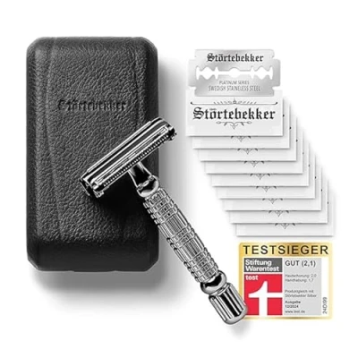 Obrázek Störtebekker® Premium holicí strojek v ručně vyráběné kůži Sada na holení s 10 žiletkami, cestovní pouzdro a vestavěným zrcadlem mokré ve vintage vzhledu 2strannou
