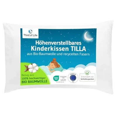 Obrázek dětský polštář 40 x 60, výškově nastavitelný od 3 let, udržitelný pod hlavu TILLA vyrobeno v EU, příjemný z měkké bio bavlny, relaxační spánek pro alergiky