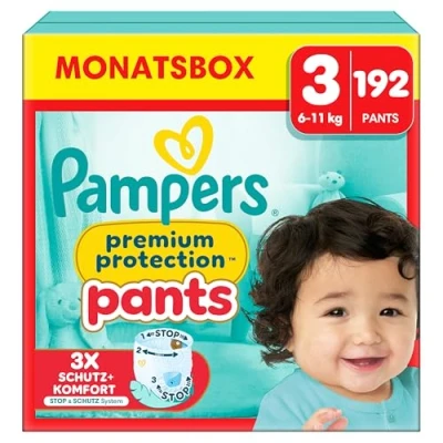 Obrázek Pampers Premium Protection Pants velikost 3, 192 plenek, 6 kg 11 kg, s 360 tvarem a 2x širšími náplety než dříve pro náš nejlepší komfort ochranu