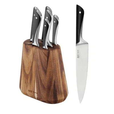 Obrázek 7dílný blok na nože Jamie Oliver by Tefal K267S7 6 kuchyňských nožů + dřevo vysoký řezný výkon nezaměnitelný design odolné a trvanlivé čepele hnědá/černá