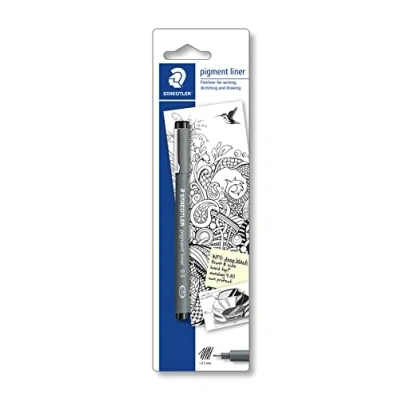 Obrázek STAEDTLER černá pigmentová linka, šířka čáry 0,5 mm, pigmentový inkoust vhodný na dokumenty, dlouhá kovová špička, životnost, 1 fineliner blistru, 30805 9BKD