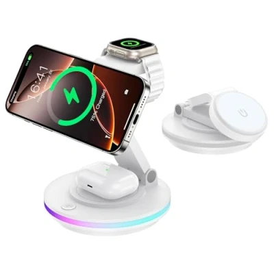 Obrázek nabíječka Mag Safe 3 v 1 pro Apple Watch a iPhone, skládací, otočná s nastavením světla, bezdrátová nabíjecí stojánek iPhone 16/15/14, AirPods (bez adaptéru), bílá