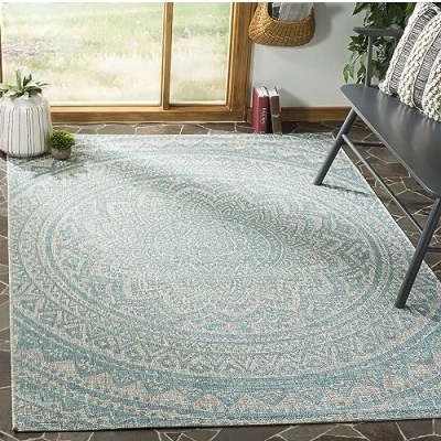Obrázek SAFAVIEH Zeitgenössische Teppich für Wohnzimmer, Esszimmer, Schlafzimmer Courtyard Collection, Kurzer Flor, Hellgrau und Aqua, 122 X 170 cm