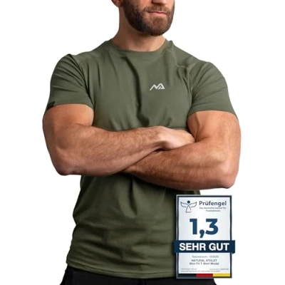 Obrázek Natural Athlet Slim Fit pánské fitness tričko dlouhé rychleschnoucí do tělocvičny kulturistika, siltaining a sport, Olivová