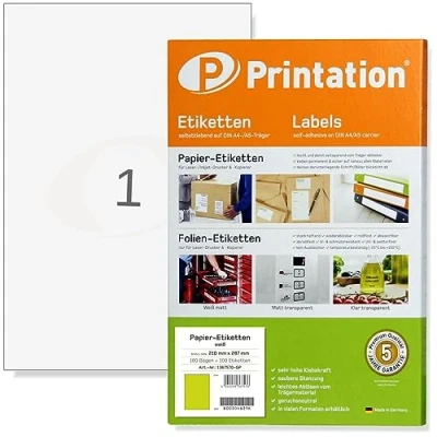 Obrázek Printation Štítky A4 210 x 297 mm 100 lepicích etiket k potisku papír na štítky lze potisknout 1 arch lepicí etikety pro vlastní tisk 3478