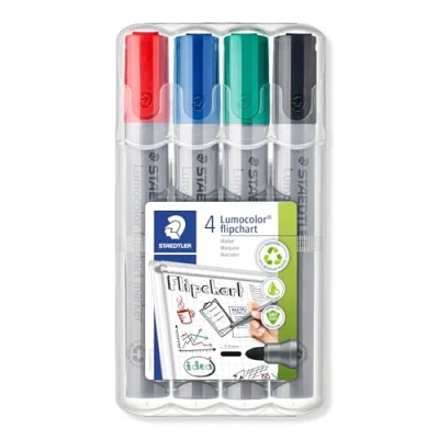 Obrázek STAEDTLER Lumocolor 356 WP4 flipchartové značkovače, intenzivní barva, bez zápachu, kulatý hrot cca 2 mm šířka linie, vysoká kvalita, ideální pro bloky, sada se 4 barvami, tříděné, 1 kus