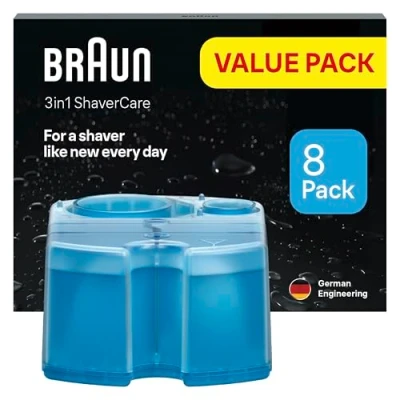 Obrázek Braun Čisticí kazety 3 v 1 ShaverCare pro čisticí stanice, čistí holicí strojky 10x lépe než voda, originální kartuše, hygienické čištění, odstraňuje vlasy a částečky pokožky, balení 8 ks