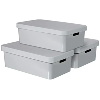 Obrázek CURVER Sada úložných boxů Infinity s víkem, plast, Light Grey, 30 litrů