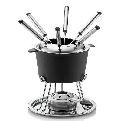 Obrázek Kela sada fondue na maso 11dílná, litinové pro 6 osob COMORE, s držákem hořlavé pasty, vidličky, držák černá, 11dílná