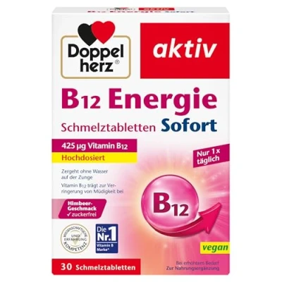 Obrázek Doppelherz B12 Energie Okamžitě vitamin přispívá ke snížení únavy a vyčerpání veganské vysoké dávky 30 dispergovatelných tablet