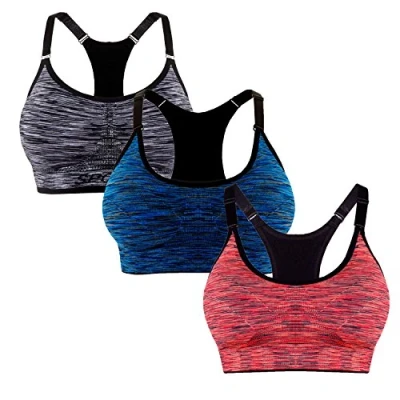 Obrázek Libella 3 ks dámská sportovní podprsenka Comfort se zipem Polstrovaná push up podpůrná funkce nastavitelná ramínka bez kostic jóga fitness, Balení černá + modrá oranžová