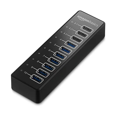 Obrázek Amazon Basics USB rozbočovač, a 3. 1 rozbočovač s 10 přípojkami síťovým adaptérem 65 W (20 V/3,25 A), černý