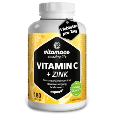 Obrázek Vysoce koncentrovaný vitamin C 1000 mg + zinek, veganský a optimálně biologicky dostupný, 180 tablet po dobu 6 měsíců, přírodní doplněk stravy bez zbytečných přísad, vyrobeno v Německu