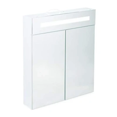 Obrázek Relaxdays, 2 dveře, bílá zrcadlová skříňka, 3 přihrádky, zásuvka, LED nástěnná ocel, v x š h: 67 60 12 cm, legovaná