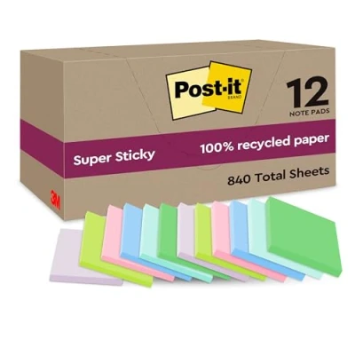 Obrázek Post it Super Sticky 100 % Recycling Notes, 12 Blöcke, 70 Blätter pro Block, 47.6 mm x mm, Pink, Grün, Blau, Violett, Gelb Extra starke Haftnotizen aus Recyclingpapier