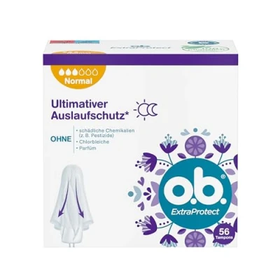 Obrázek o.b. ExtraProtect normální (56 kusů), tampony pro střední/silnější dny, technologie Dynamic Fit a extra ochranná křídla až 100% ochranu proti vytečení během období
