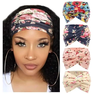 Obrázek DRESHOW 4 kusy Dámská čelenka Elastické Měkké čelenky Čelenka Omotávání Roztomilý šperk do vlasů pro všední den jógu sport fitness, Pack Flower Pattern Set C14