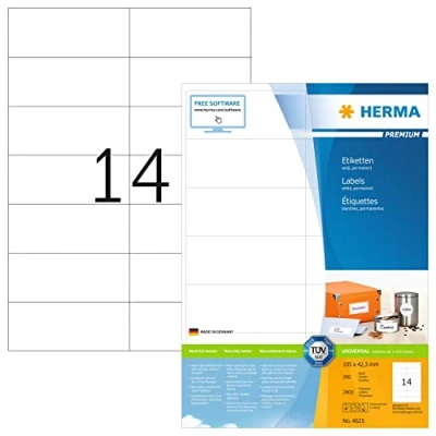 Obrázek HERMA Univerzální etikety 4625, 200 listů, 105 x 42,3 mm, 14 arch A4, 2800 kusů, samolepicí, potisknutelné, matné, prázdné papírové lepicí samolepky, bílé