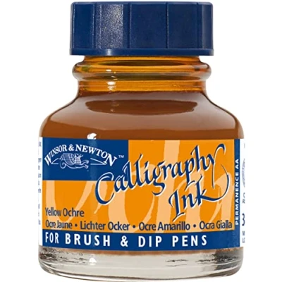 Obrázek Winsor &amp; Newton 1111744 kaligrafické tušle (pro plnicí pero nebo psací pera, lze mezi sebou míchat, stálobarevná, odolná barva), 30 ml láhev se žlutým bokem