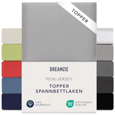 Obrázek Dreamzie Premium Topper napínací prostěradlo 90 x 200 cm 100 extra nízká výška stran pro toppery Jersey bavlna, 150 g/m² Oeko TEX šedá