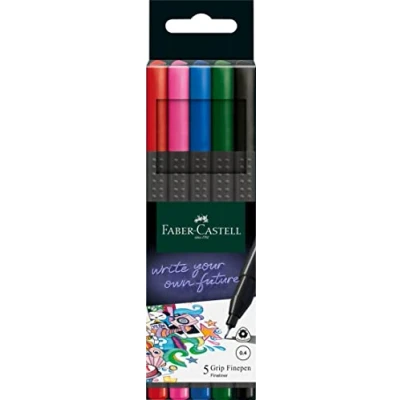 Obrázek Faber Castell 151604 Grip Finepen, Fineliner basic, s pokovenou špičkou 0,4 mm, balení po 5 kusech