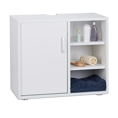 Obrázek Relaxdays, bílá skříňka pod umyvadlo, jednodveřová, koupelnová skříňka, vybrání, 3 police, WC odkládací 51 x 60 32 cm, MDF, standardní