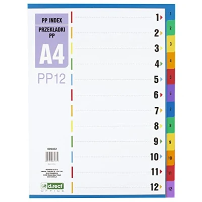 Obrázek D.RECT Dividers for A4, PP12, 12 dividers, Ring Binder Index, tabs with Number Print 1 12, Multicoloured, Colour Divider Made of Polypropylene, Polypropylene
