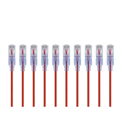 Obrázek Monoprice SlimRun Cat6A ethernetový propojovací kabel síťový internetový RJ45, spletený, UTP, čistý měděný drát, 30AWG, 6 m, červený, 10 kusů
