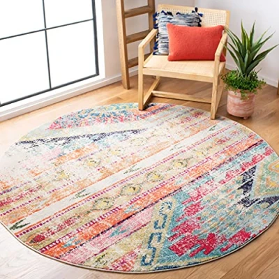 Obrázek Safavieh Monaco Collection MNC222F kulatý koberec ve stylu Boho, Tribal design, nepouští vlákna, jídelna, vstupní prostor, obývací pokoj, ložnice, 152 cm