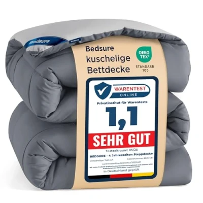 Obrázek BEDSURE přikrývka 135 x 200 celoroční bez potahu cm 300 GSM 4 roční období přikrývky oboustranná šedá/světle šedá, měkká teplá duvet spací deka pro alergiky