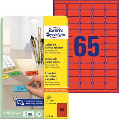 Obrázek AVERY Zweckform L4790 20 červené etikety (1 300 nálepek, 38,1 x 21,2 mm na A4, opět beze zbytku odstranitelné, samolepicí barevné etikety, papír matný, potiskovatelné, lepicí etikety) listů