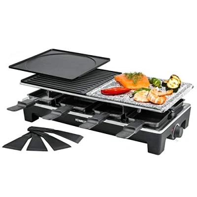 Obrázek ROMMELSBACHER Raclette gril RCS 2 oboustranné grilovací desky, 1 kamenná deska, 8 pánviček, škrabky, nepřilnavý povrch Xylan Plus, plynulá regulace teploty, 1350 W, černá/ušlechtilá ocel