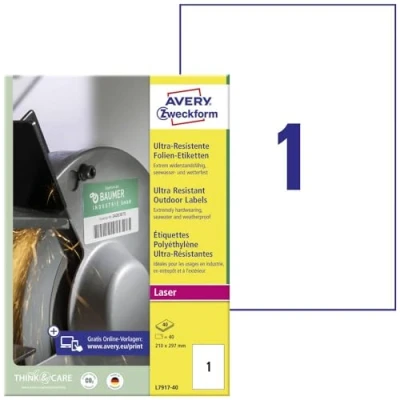 Obrázek AVERY Zweckform L7917 40 odolné fóliové etikety (40 nálepek, 210 x 297 mm na A4, extrémně silné samolepicí, pro obtížné povrchy, potiskovatelná venkovní lepicí fólie) listů, bílá
