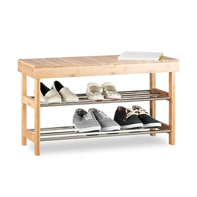 Obrázek Relaxdays, 10021566, regál na boty se sedákem, bambusový botník pro 6 párů bot, lavice s úložným prostorem VŠH: 43x74x30 cm, přírodní