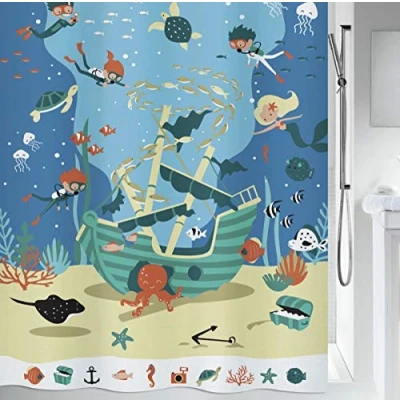 Obrázek Spirella Anti Schimmel Duschvorhang Bakteriell, waschbar, wasserdicht, Polyester, „Diver“ 180x200cm Kinder Blau