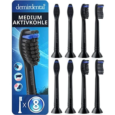 Obrázek demirdental náhradní kartáčky s aktivním uhlím vhodné pro Philips Sonicare, střední přirozené čištění, černá, odpovídá HX9058mb, 8dílná sada